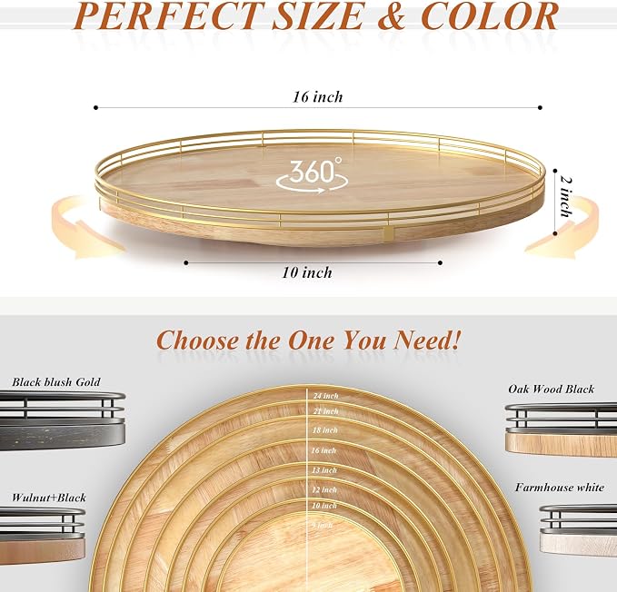AMH16-Inch Rustic Lazy Susan with Solid Oak Base and Black Iron Rail | Smooth rotating oak tray with walnut finish for dining tables, kitchen counters, pantries and cabinet storage.
