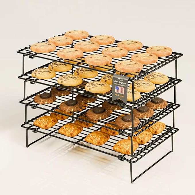 4PCS Cooling Racks for Cooking and Baking, Collapsible 4 Tiers 10"X16" Cool Batches of Cookies, Non-Stick & BPA-Free, Oven and Dishwasher Safe (Black-200)