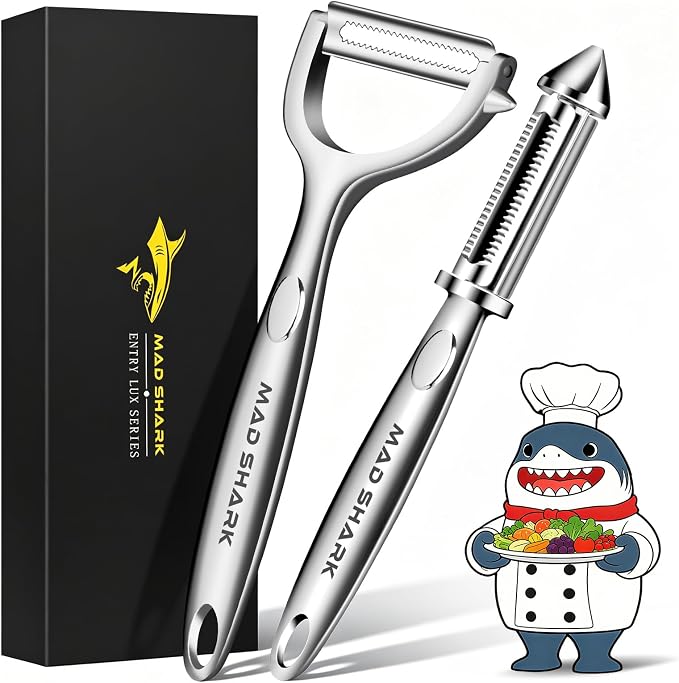 MAD SHARK Y & I Vegetable Peeler 2 Pack, Stainless Steel Serrated Blade Set | Ultra Sharp Vegetable Peelers for Kitchen,Non-slip Ergonomic Grip for Potatoes, Apples, Carrots, Fruits & Veggies