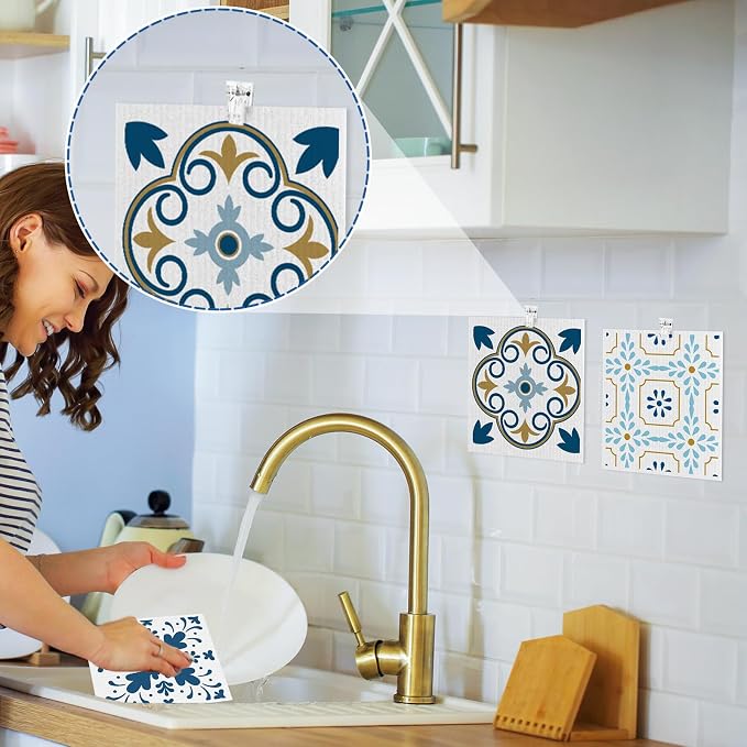 6 Pack Swedish Dishcloths for Kitchen,Swedish Rags Dish Towels with Clips | Reusable Paper Towels Washable Absorbent Cellulose Sponge Cloths for Countertop Dishes Sink Kitchen