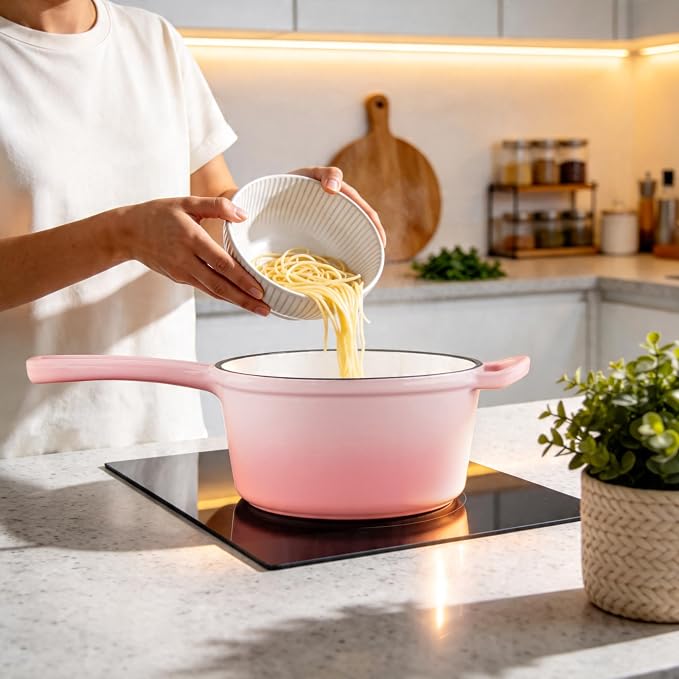 2 Quart Enameled Cast Iron Sauce Pan, Leonyo Cookware Cooking Pots, Pink | For Kitchen Induction Boiling Soup, Bread, Ramen - Up to 500°F & 6.7Lbs