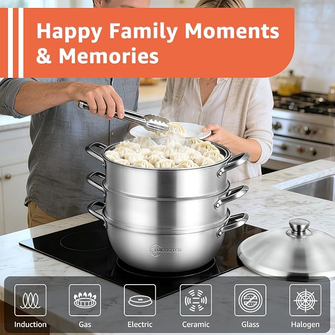 LOLYKITCH 8-Quart/ 30CM Stainless Steel Steamer Pot - 3 Tier Steamer | Steamer for Cooking Dumplings & Veggies, 12 Inch Large Induction Stock Pot for All Stovetops, Heavy Duty