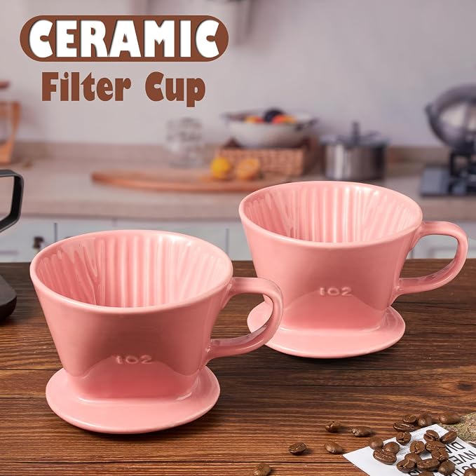 Pour Over Coffee Dripper, Ceramic Pour Over Coffee Maker, Pink | 3 Holes Flat Bottom, Easy Manual Brew Maker, Porcelain Slow Filter Cone for Travel, Camping, Office, Home