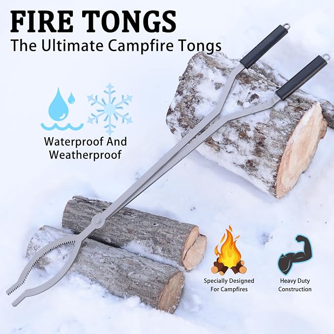 40in Fire Tongs For Fire Pit Outdoor Stainless Steel | Firewood Grabber Large Fire Pit Tool Indoor Fireplace Log Grabbers Tool Outdoor Bonfire Campfire Backyard Deck Camping
