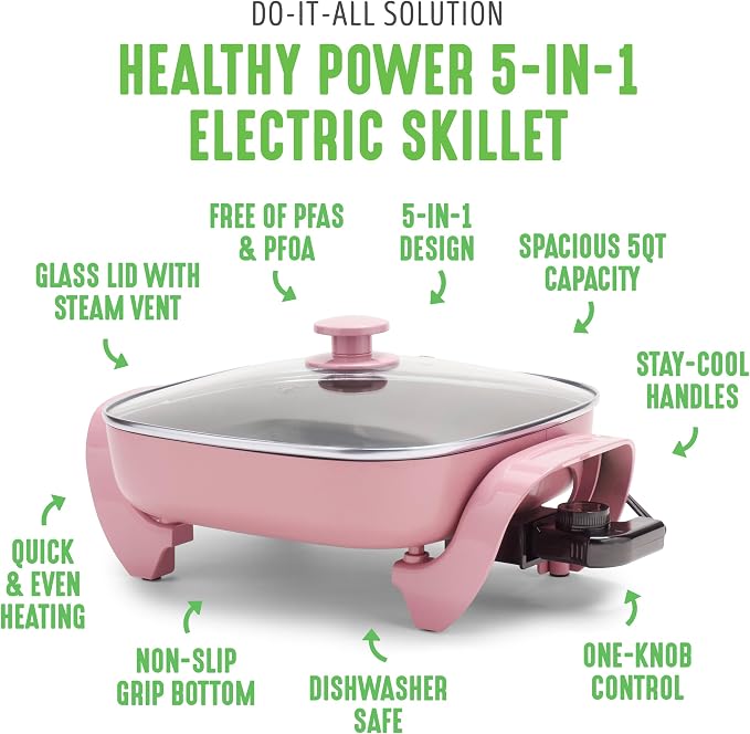 GreenLife 12" 5QT Electric Skillet, Pink | PFAS-Free Ceramic Nonstick Coated Interior, Glass Vented Lid, Temperature Control, Dishwasher Safe, Pancakes, Eggs, Bacon