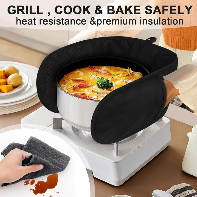 Philorn Black Double Oven Mitts, Heat Resistant 260℃ Silicone Glove | Waterproof Kitchen Gloves Oven Extra Long Oven Mitts with Non-Slip Silicone Surface for Baking, Cooking, BBQ
