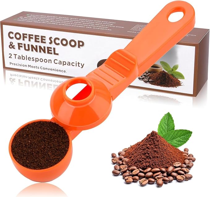 2-in-1 Coffee Scoop with Funnel, 2 Tbsp Measuring Spoon for Reusable K Cups, Ground Coffee, Protein Powder & Tea, Mess-Free Plastic Design（Orange-1pack）