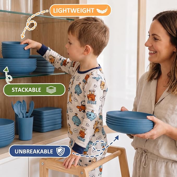 28-Piece Wheat Straw Dinnerware Sets, Microwave & Dishwasher Safe Unbreakable Dinnerware Set, Reusable Dishware Sets, Lightweight Camping Dishes, Plates, Cups, Cereal Bowls for 4 (Navy Blue)
