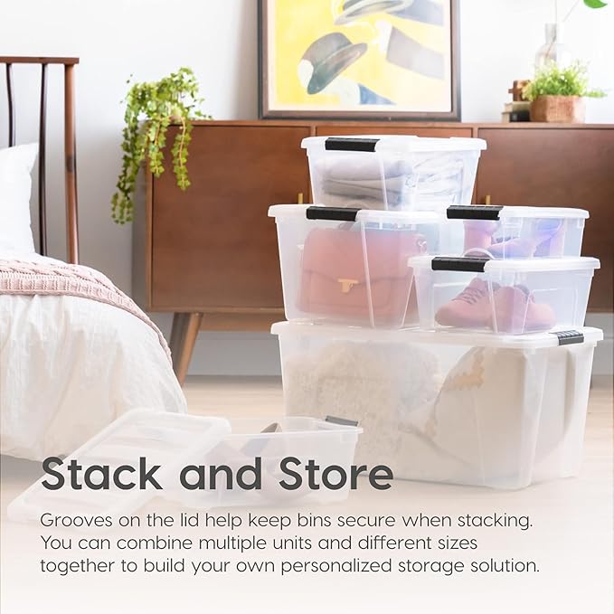 IRIS USA 4-Pack 32 Quart Storage Bins with Lids, Clear | Transparent design makes contents easy to find. Great for linens, décor, closet storage, and supplies. Nestable design saves