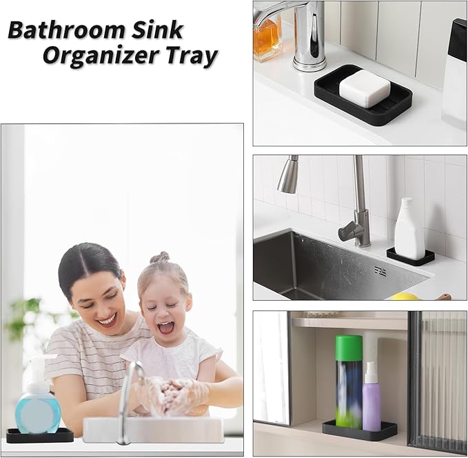 MicoYang Silicone Kitchen Sink Organizer Tray for Multiple Usage,Easy Clean Sponges Holder for Kitchen Bathroom Counter or Sink,Dish Soap Dispenser,Scrubber,Bottle,Cup Black 4.9”x 3.2”