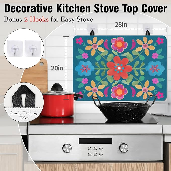 Boho Glass Stove Top Cover for Electric Stoves,Flower Floral Farmhouse Stove Top Cover for Kitchen Decor,Heat Resistant Cooktop Protector Mat,Non-Slip Washable Dish Drying Mat 28"x20"