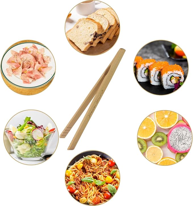 Bamboo Toaster Tongs - Set of 2 Reusable Heat Resistant Wooden Toast Tongs - 8 Inches Long Natural Toaster Tong Bamboo - Useful Kitchen Utensil for Serving Pickle Muffin Bread Tong - HaraHuri
