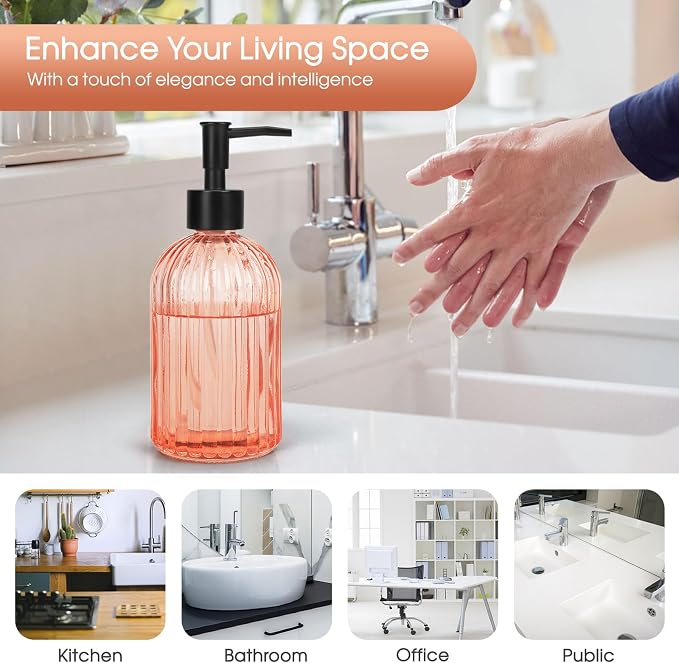 Topsky Stripe Glass Soap Dispenser with Black Plastic Pump, 400ml Liquid Hand Soap Dispenser, Rustproof Pump for Kitchen & Bathroom, Great for Lotions, Essential Oil, Liquid Soaps-Pink Orange