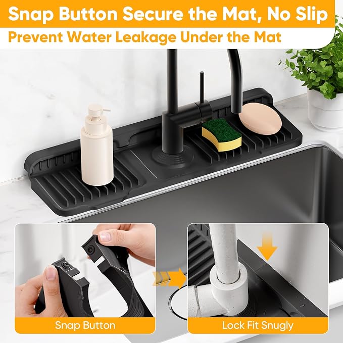 17.7'' Folding Faucet Mat for Kitchen Sink Splash Guard[7° Slope Fast Self-draining][Snap Lock Fit] Kitchen Sink Faucet Mat Splash Guard Kitchen Sink Area Water Splash Guard Behind Faucet Draining Mat