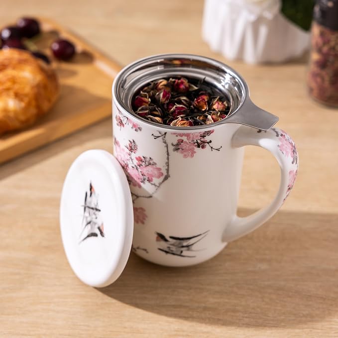 AmorArc Tea Cup With Infuser and Lid, 18oz Loose Leaf Tea Mug With Steeper | Porcelain Tea Mug With Infuser and Lid, Large Strainer Tea Cup with Lid for Tea, Coffee Mug for House-warming Birthday Gift