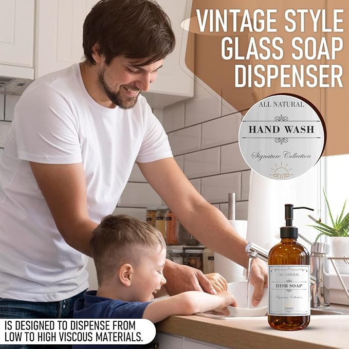 Amber Glass Soap Dispenser with Rubbed Bronze Pump, 16 oz | Amber Glass, Stainless Steel Pump Hand and Dish, Bathroom and Kitchen Sink, 6 Waterproof Labels, (Pack of 2)