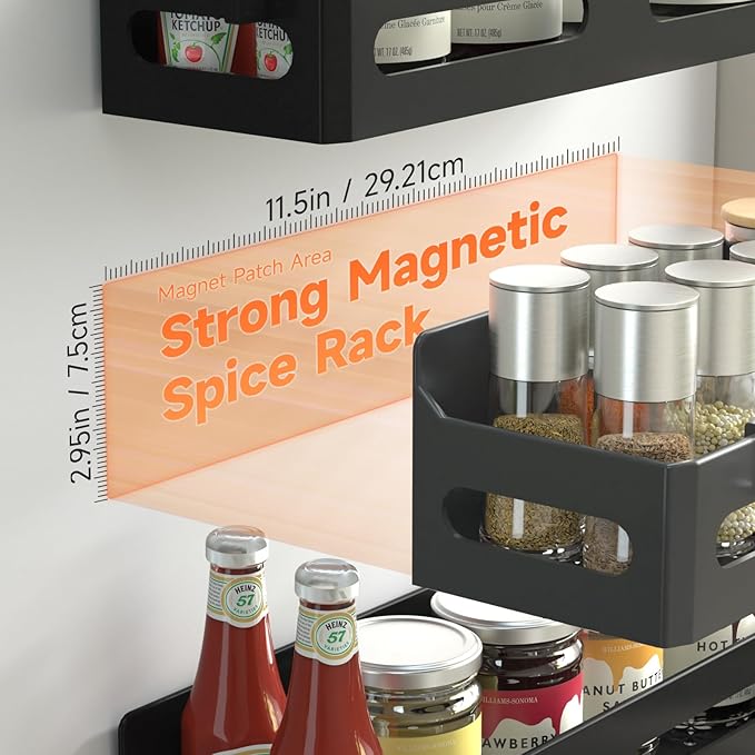 2-Pack Magnetic Spice Rack for Refrigerator with Hooks, Black | Strong multipurpose magnetic shelf for kitchen & bathroom organization. Includes 4 removable hooks for hanging items.