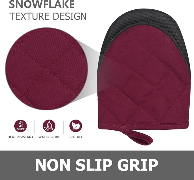 1 Pair Short Oven Mitts - Silicone Kitchen Oven Gloves High Heat Resistant 500℉, Mini Oven Mits with Non-Slip Grip Surfaces and Hanging Loop for BBQ, Baking, Cooking and Grilling (Dark Red)