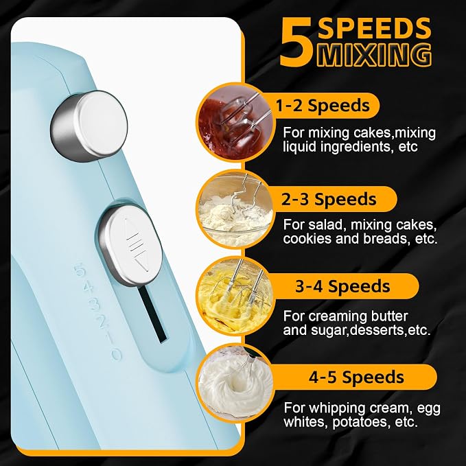 Lord Eagle 5-Speed Hand Mixer Electric With 4 Mixing Bowls Set | 300W Lightweight Kitchen Handheld Mixer with Measuring Cups & Spoons, Stainless Steel Bowls, Baking Supplies for Cake, Blue