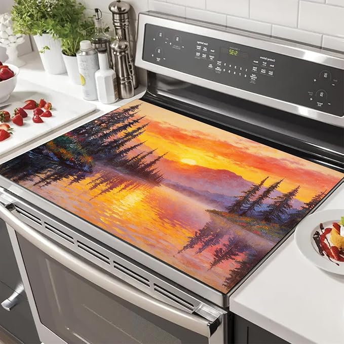 HOMETITUTE Spring Stove Top Covers for Electric Stove 28x20 Inches Sunset Lake Pine Forest Heat Resistant Glass Cooktop Protector Pad Decorative Stovetop Cover for Kitchen Coffee Bar Decor