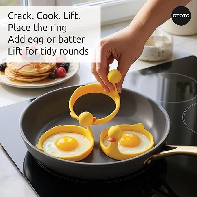 OTOTO Egg Rings 3 Pack - Silicone Egg Separators with Duck Holders, Egg Circle Mold Set, Egg Ring for Sandwiches, Pancake Molds & Fried Eggs, Unique Kitchen Gadgets, Fun Gifts (Sunny Side Duck)