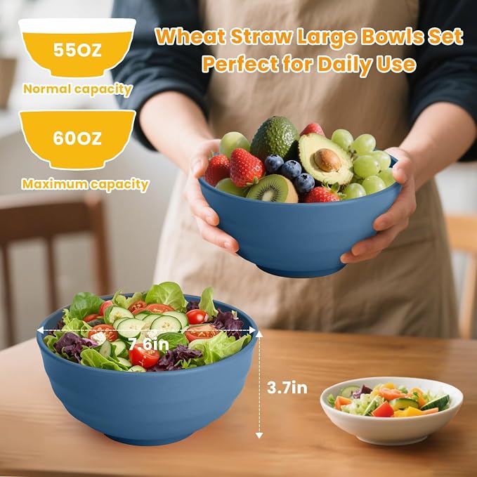 Deep Noodle Bowls Set of 8: 60oz Large Wheat Straw Bowls for Pho, Ramen & Salad, Lightweight & Unbreakable, Microwave Safe for Camping, Cereal & Soup (Blue)