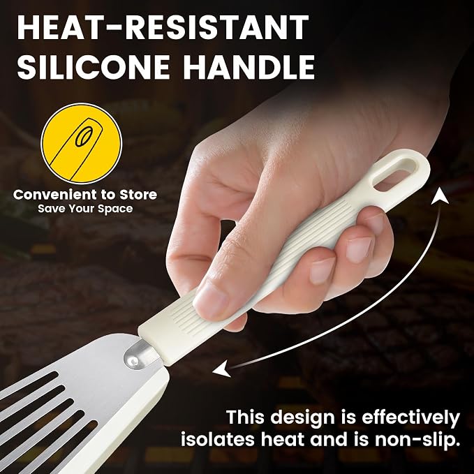 Silicone Fish Spatula, Heat Resistant Silicone Edge for Nonstick Cookware, Fish Turner for Kitchen Use, Flexible and Thin Stainless Steel Cooking utensils, 12.2 * 3.42 Inch, White