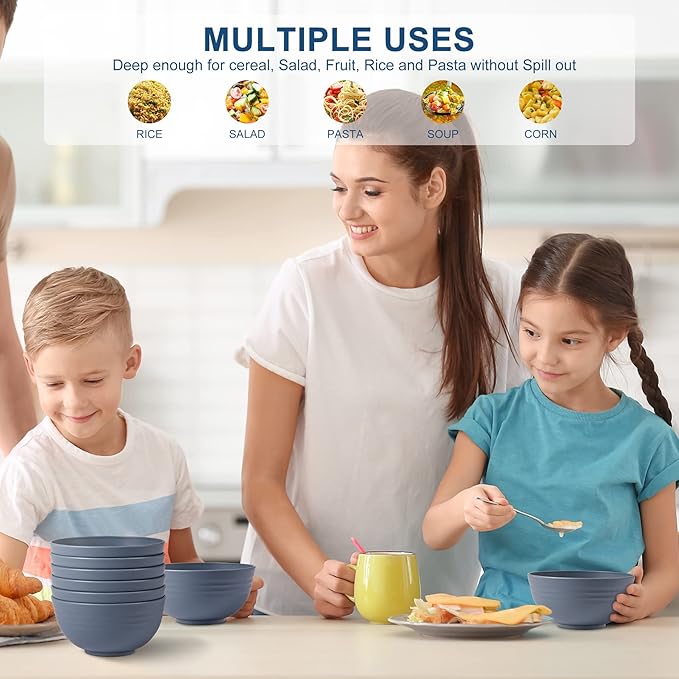 HOTEC BPA Free Unbreakable Wheat Straw Cereal Bowls - Microwave & Dishwasher Safe Soup and Salad Bowls, Set of 8, 26oz, Classic Blue