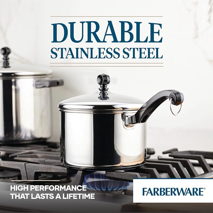 Farberware Classic Series Stainless Steel Sauce Pan with Lid, 3-Quart, Stainless Steel Pans, Induction Cookware