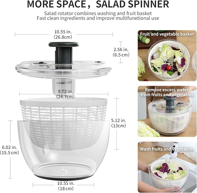 Salad Spinner Large, Fruit Washing Bowl with Strainer, Quick and Easy Use Lettuce Spinner, Fruits and Vegetables Washer, Lettuce Salad Dryer, Kitchen Essentials (6L/6.34Qt)