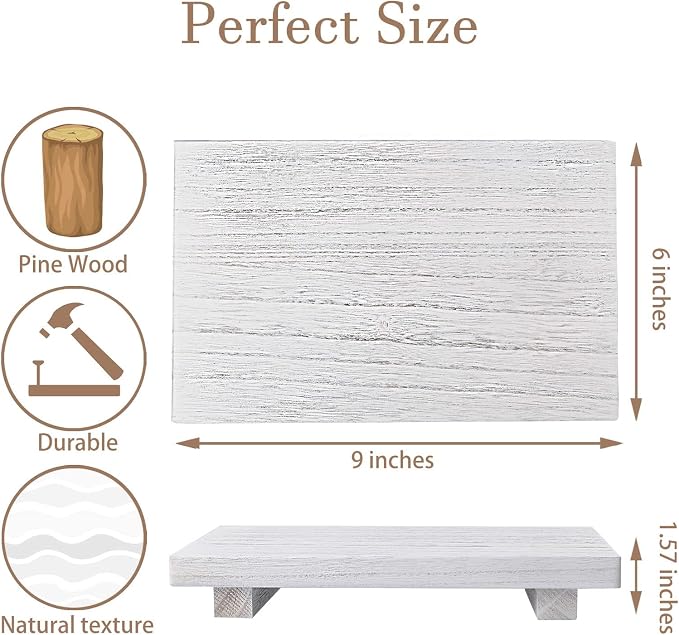 Wood Bathroom Tray Farmhouse Decor Kitchen Soap Holder, 9"x6" White | Waterproof, Lightweight, Easy Clean, Small Wooden Riser Pedestal Stand Accessories for Office Desk, Vanity, Counter, Sink
