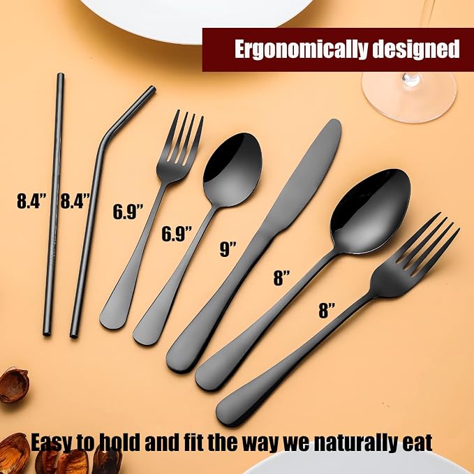 84 Pieces Black Silverware Set Service for 12 Flatware Set with Straws Stainless Steel Utensils Cutlery Set Dishwasher Safe