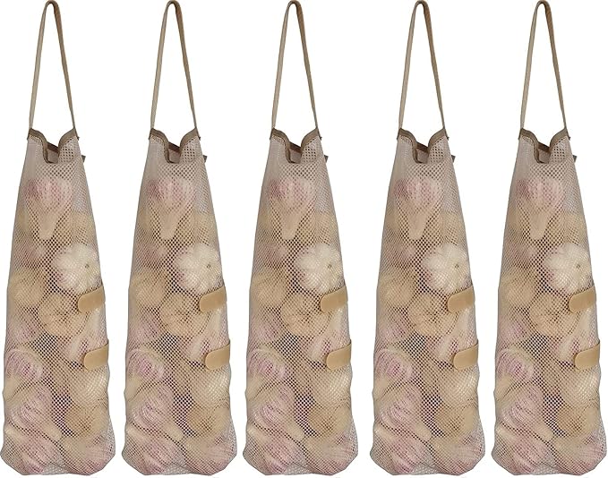 Ahyuan Hanging Mesh Storage Bags 5 Pack Onion Garlic Potatoes Net Mesh Bag Long and Large Reusable Net Produce Bags for Fruit Veggies Garbage Bag for Home RV Camper