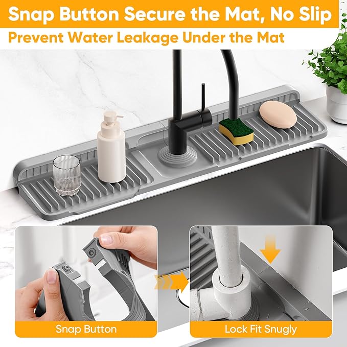 24'' Longer Faucet Mat for Kitchen Sink Splash Guard[7° Slope Fast Self-draining][Snap Lock Fit]Kitchen Sink Faucet Mat Splash Guard Kitchen Sink Area Water Splash Guard Behind Faucet Draining Mat