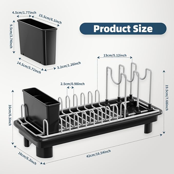 Small Dish Drying Rack, Stainless Steel with Drain Board & Utensil Holder | Anti-Scratch Base, Space Saving Design for Kitchen Counter, Black