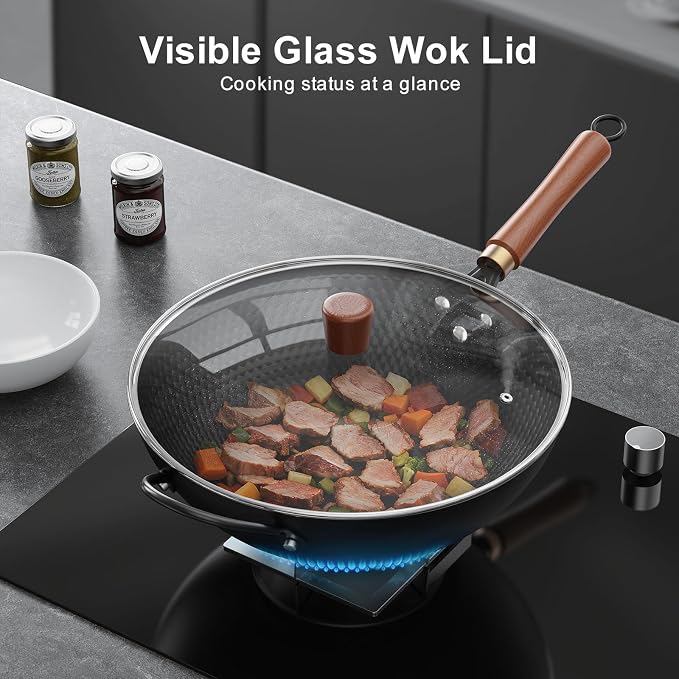 Todlabe Wok with Lid, 13 Inch Carbon Steel Woks & Stir-fry Pans Nonstick | Pre-Seasoned 5.6QT Flat Bottom Chinese Wok Pan with Lid, PFOA/PTFE free Cookware Compatible with All Cooktops
