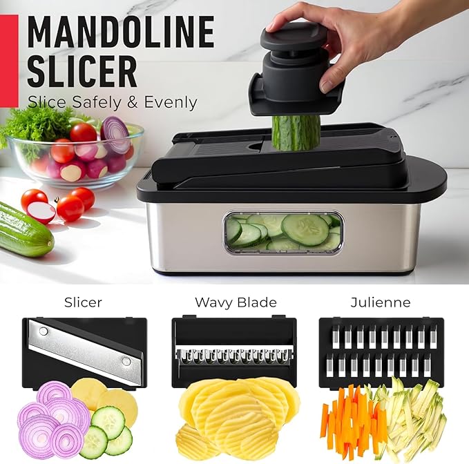 MUELLER HOME Pro-Series 10-in-1 Stainless Steel Multi Vegetable Chopper | 8 Blade Mandoline Slicer, Kitchen Tools and Gadgets, Food and Veggie Chopper, Mincer, Dicer, French Fry Cutter, Black