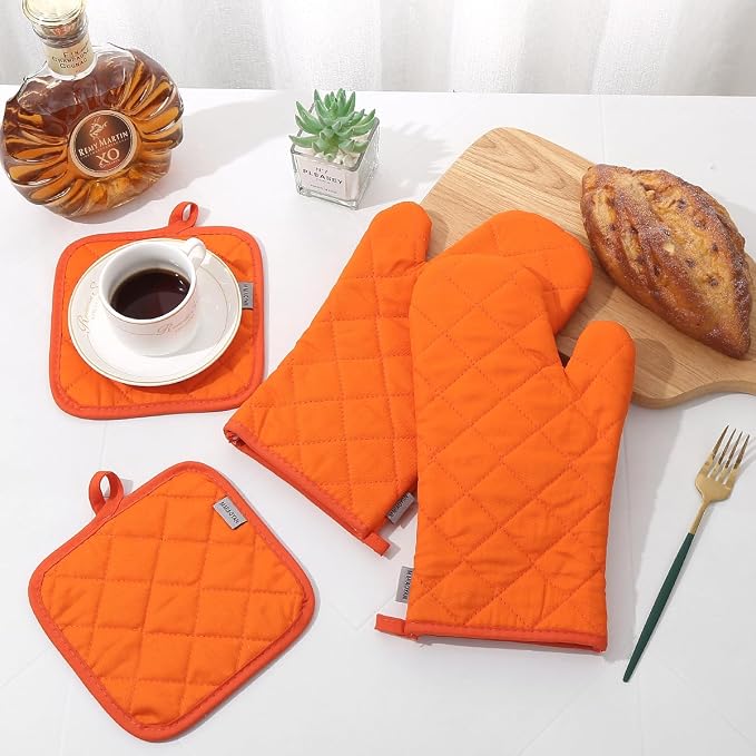 Oven Mitts and Pot Holders 4 pcs Set,High Heat Resistant 500 Degree Extra Thicken Long Kitchen Cotton Oven Glove for Cooking (12 Inch,Orange)…
