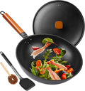 Wok, 13" Carbon Steel Woks & Stir-Fry Pans Nonstick with Black Lid | Pre-Seasoned Flat Bottom Chinese Wok for Electric, Induction, Gas, All Stoves