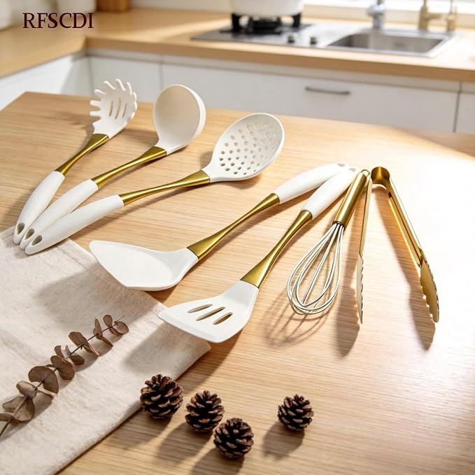Elegant White Gold Silicone Cooking Utensils Set - Non-Toxic, Dishwasher Safe Kitchen Utensils Set with Heat Resistant Comfort Handles - Includes Spatula & Spoon for Nonstick Cookware