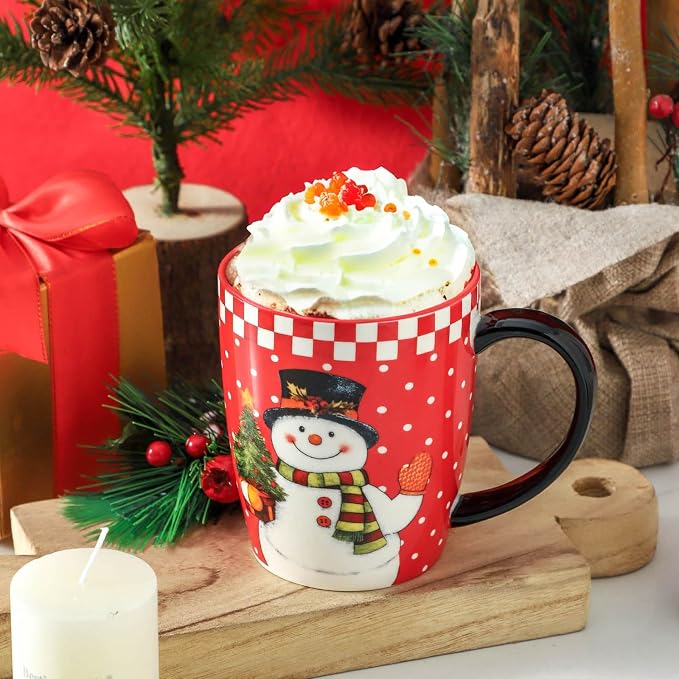 HASENSE Christmas Coffee Mugs Set of 4,15 oz Ceramic Holiday Cups with Handles, Matching Xmas Mugs for Hot Cocoa,Coffee or Tea,Ideal Xmas Gifts for Family,Friends,and Holiday Parties,Colorful