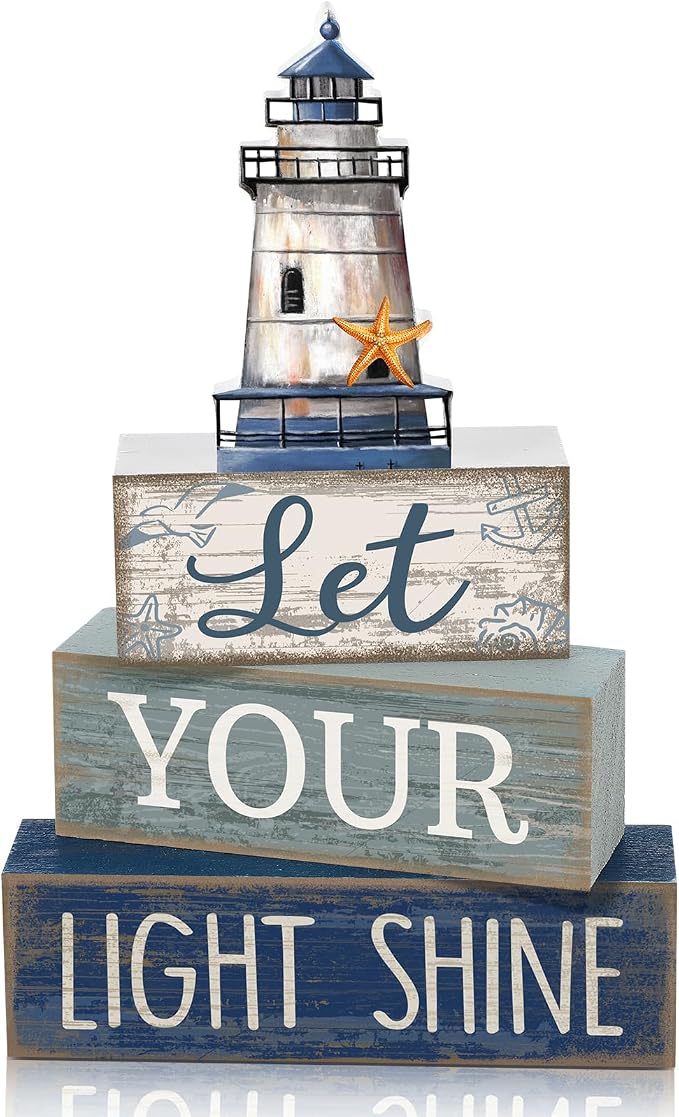 Lineshading 4 Pcs Lighthouse Coastal Decor Wooden Block Signs Rustic | Bathroom Tabletop Decoration for Home, Lighthouse Topper Tiered Display, Let Your Light Shine Phrase Wood Stacking Blocks
