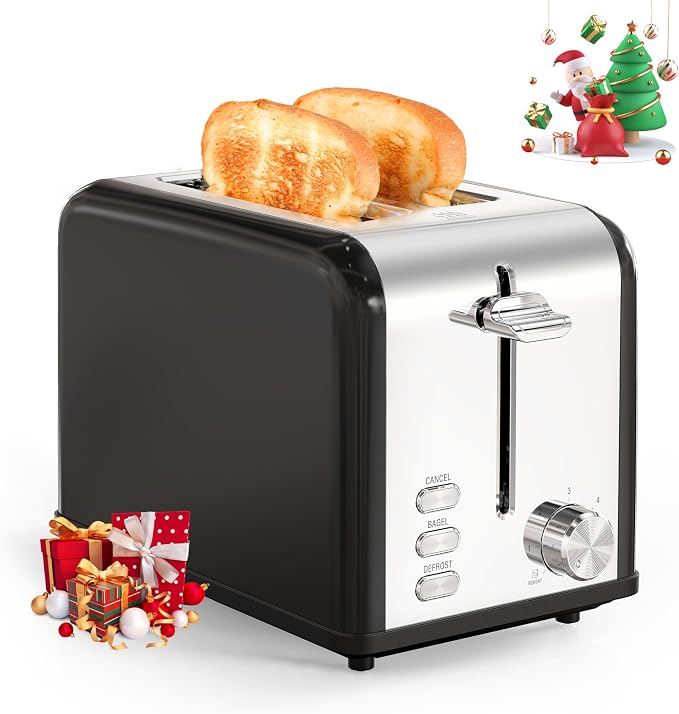 YSSOA Stainless Steel Toaster 2 Slice with Extra Wide Slot & Removable Crumb Tray, 6 Shade Settings and Bagel/Defrost/Cancel Functions, Compact Oven, for Various Bread & Waffle, Black (Pack of 1)