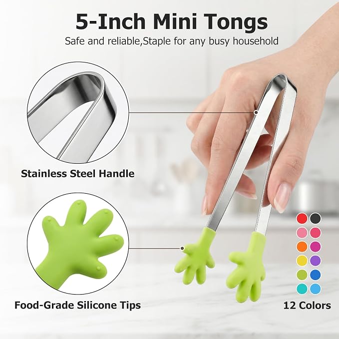 Shindel 12PCS Mini Tongs, 5.1 Inch Silicone Small Tongs for Kids, Funny Kitchen Serving Gadgets for Candy, Appetizers, Ice Cube, Fruits, Dessert, Great for Fine Motor, Sensory Coordination