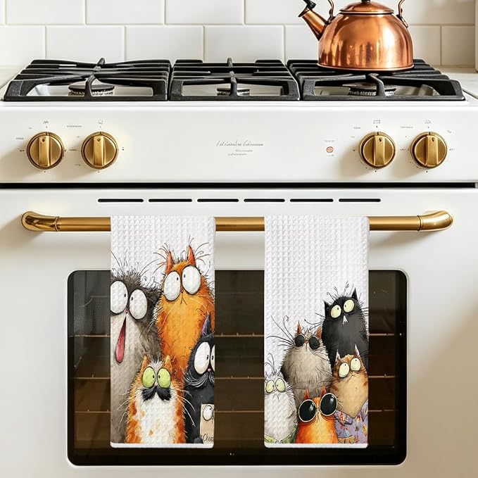 2 Pcs Cute Cat Kitchen Towels, Funny Cats Gifts Absorbent Hand Towels-07 | Cat Dish Cloths for Drying Dishes, Cats Waffle Dish Towels for Kitchen Home Bathroom Decor, Cat Lover Gifts for Women Mom