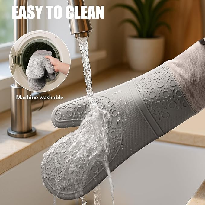 RORECAY Silicone Oven Mitts and Pot Holders Sets, Gloves for Kitchen, Gray | Set of 6 Kitchen Mitts for Baking & Cooking, Heat Resistant 500 ℉, 15" Extra Long, Non-Slip & Waterproof, Quilted Cotton