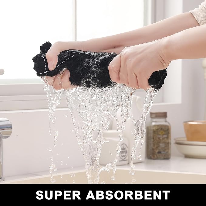 Homaxy Kitchen Towels and Dishcloths Set, Set of 12, Black | Bulk Cotton Terry Kitchen Towels, Checkered Designed, Soft and Super Absorbent Dish Towels, 12 x 12 and 13 x 28 Inches