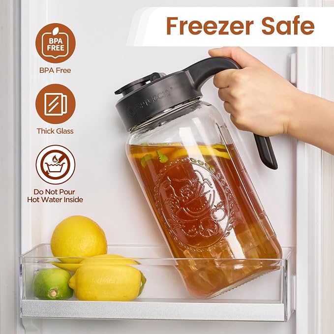 Mason Jar Pitcher with Tea Filter, 64 oz Glass Pitcher with Lid | Airtight, Leakproof, Pour Spout Lid, Ergonomic Handle, Fridge Safe, for Outside, Sun Tea, Lemonade, iced Tea