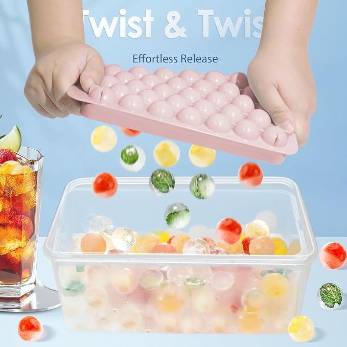 Ice Cube Tray with Lid and Bin, 1" Round Ice Trays for Freezer | 3 Pink Ice Cube Trays with Ice Box & Tong, 1" Round Ice Balls for Iced Coffee & Juice, Easy Twist Release, For Gatherings