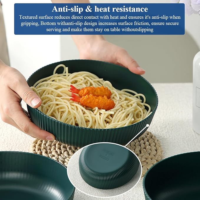 HOMQUEN Pasta Bowls Set of 6, 37oz Salad Bowls Green Soup Bowls, Large Pasta Serving Bowls, Unbreakable Plastic Dinner Bowls, Dinnerware Sets,Valentines Day Gift, Dishwasher Safe (Green)